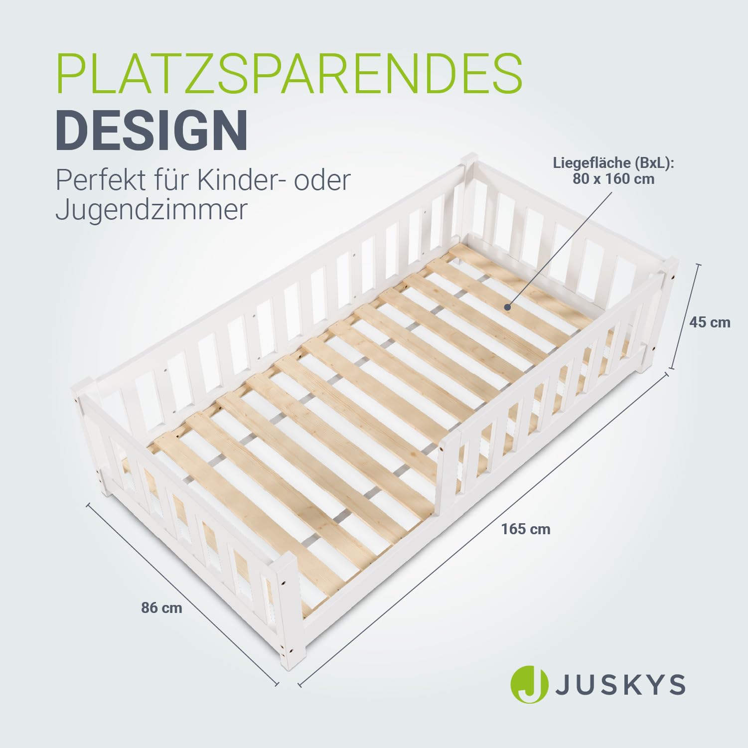 Juskys Kinderbett Naya - 80x160 cm Bett mit Rausfallschutz & Lattenrost - Holz Bodenbett für Kinder 3-10 Jahre - modernes Bettgestell Weiß