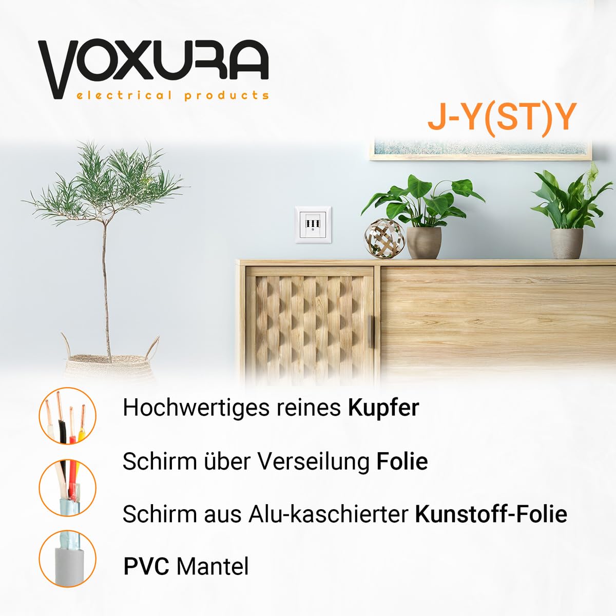 Voxura Telefonkabel J-Y(ST) Y 2X2X0,8 100m Ring grau 4 Adern Fernmeldeleitung Installationsleitung