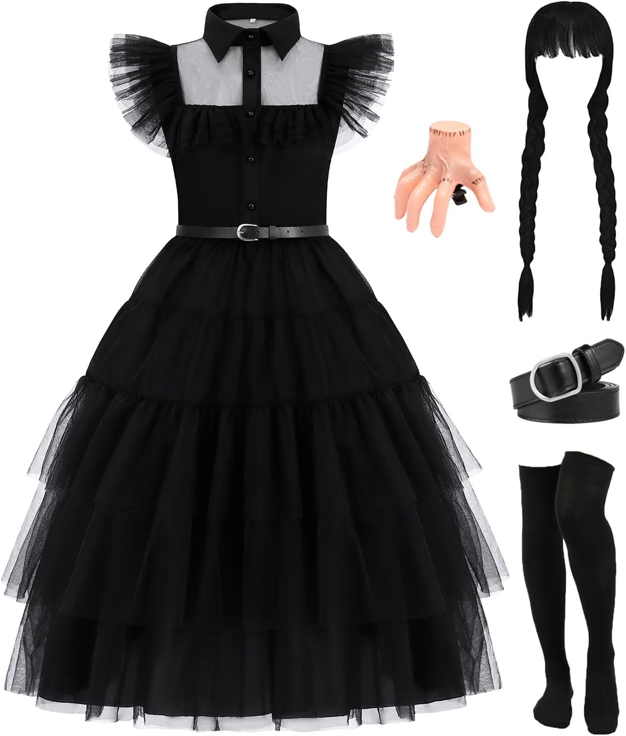 Kids Black Dress for 3-14 Years Girls Halloween Costumes Dress Up with Wig Socks Hairpin