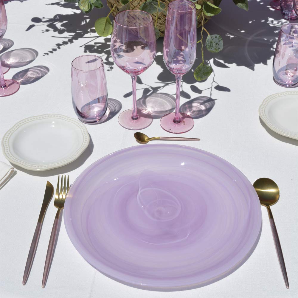 EME Pack Bajoplatos Rosa Cristal con diseño de Líneas en Espiral Círculo. Diámetro: 33 cm. Contiene: 6 unidades. Bajoplatos Cristal disponible en Rosa, Azul y Ámbar