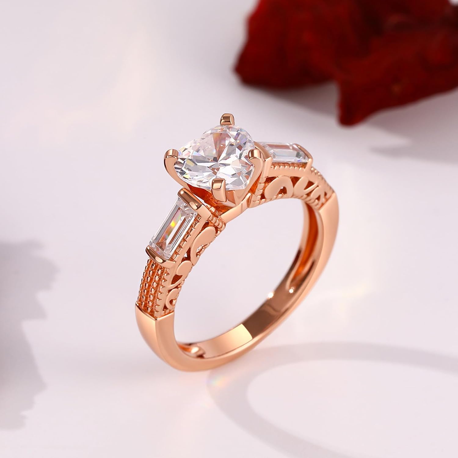Jeulia 2.3 ct Diamond Ring Rose Gold Three Stone Heart Cubic Zirconia Crystal Band Moissanite Engagement Ring For Women Halloween Christmas Gifts with Jewelry Box - Image 9