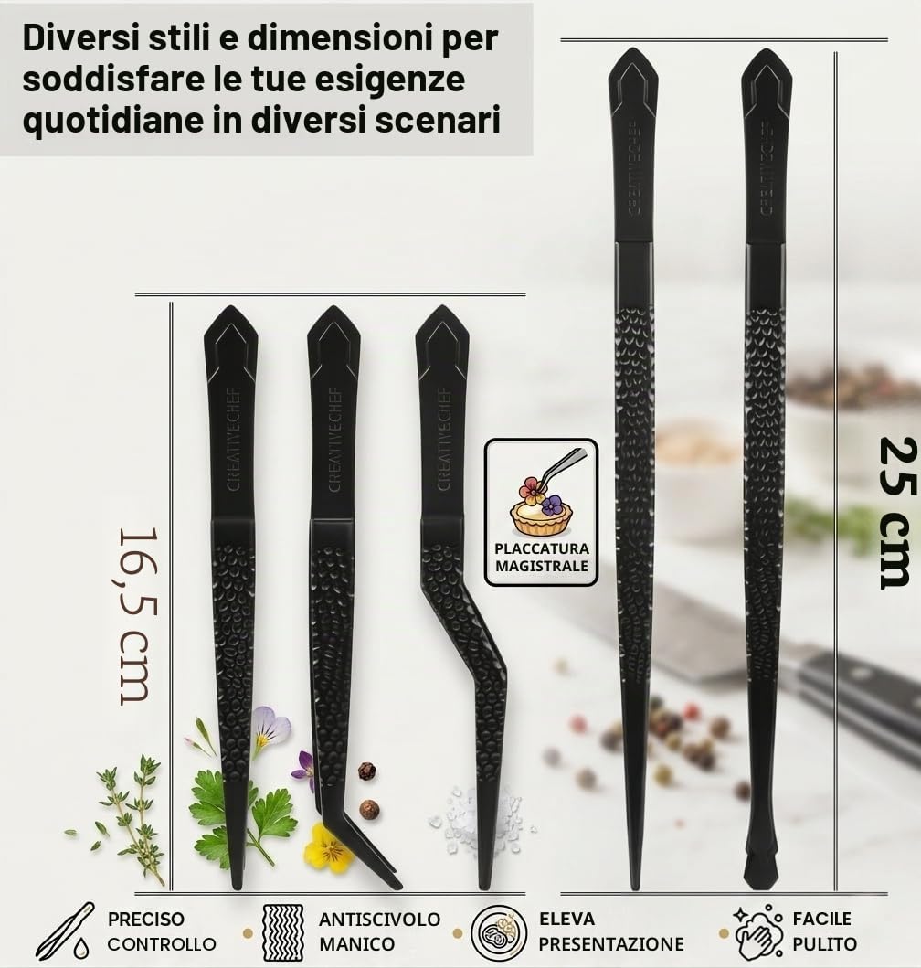CREATIVECHEF 2 Pezzi Pinzette Da Cucina Per Impiattamento Ergonomiche Per Alimenti, Pinzette Fini In Acciaio Inossidabile Per Chef E Riparazioni