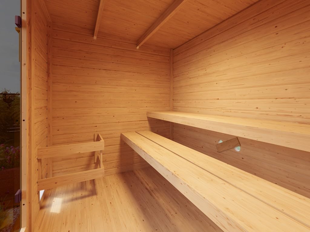 Karibu Gartensauna 230,8x189,9x219,5cm│Garten Sauna aus Fichte 38mm│mit bronzierter Glastür & 2 Liegen│Fronteinstieg│Massivholz│9kW Saunaofen mit EXT. Steuerung│für 2–4 Personen + Boden