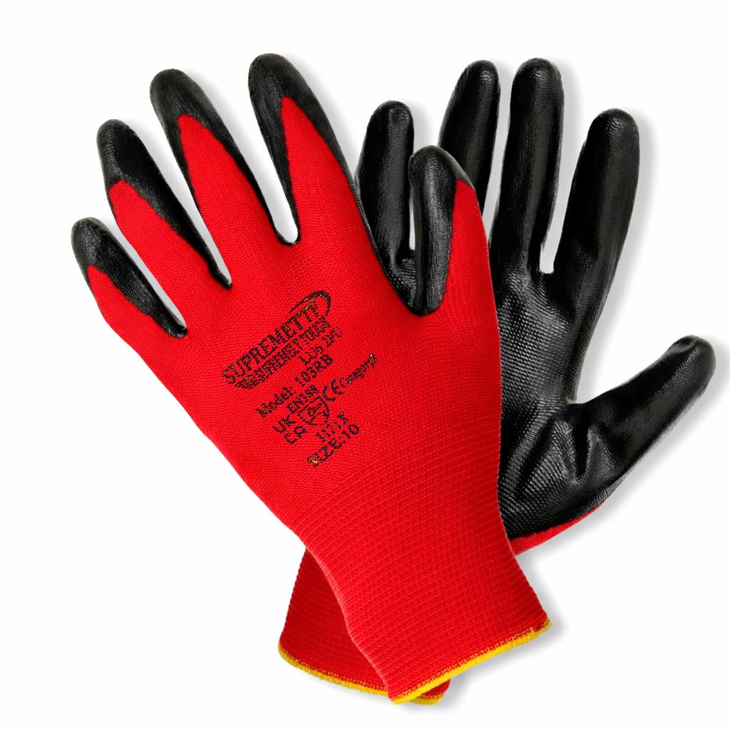 Supreme TTF Work Gloves Red Nitrile Coated Gloves, Heavy Duty Non-Slip Grip for Building and Gardening Warehouse Gloves PREMIUM Quality (240, Red, Small)