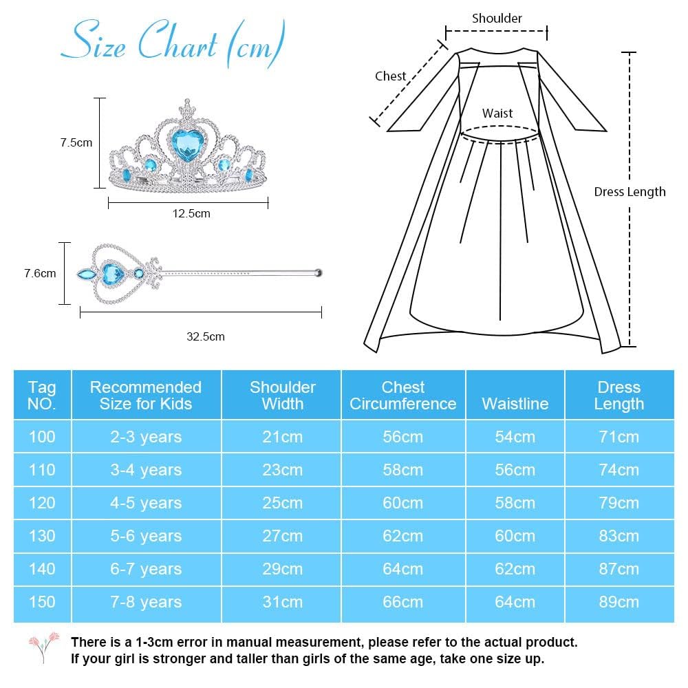 Vicloon Elsa Costume, Principessa Belle Costume, Set da Principessa Elsa Corona Bacchetta Guanti Treccia,Ragazze Elsa Principessa delle Neve Abiti Partito Vestito Costume, Cosplay Party Halloween