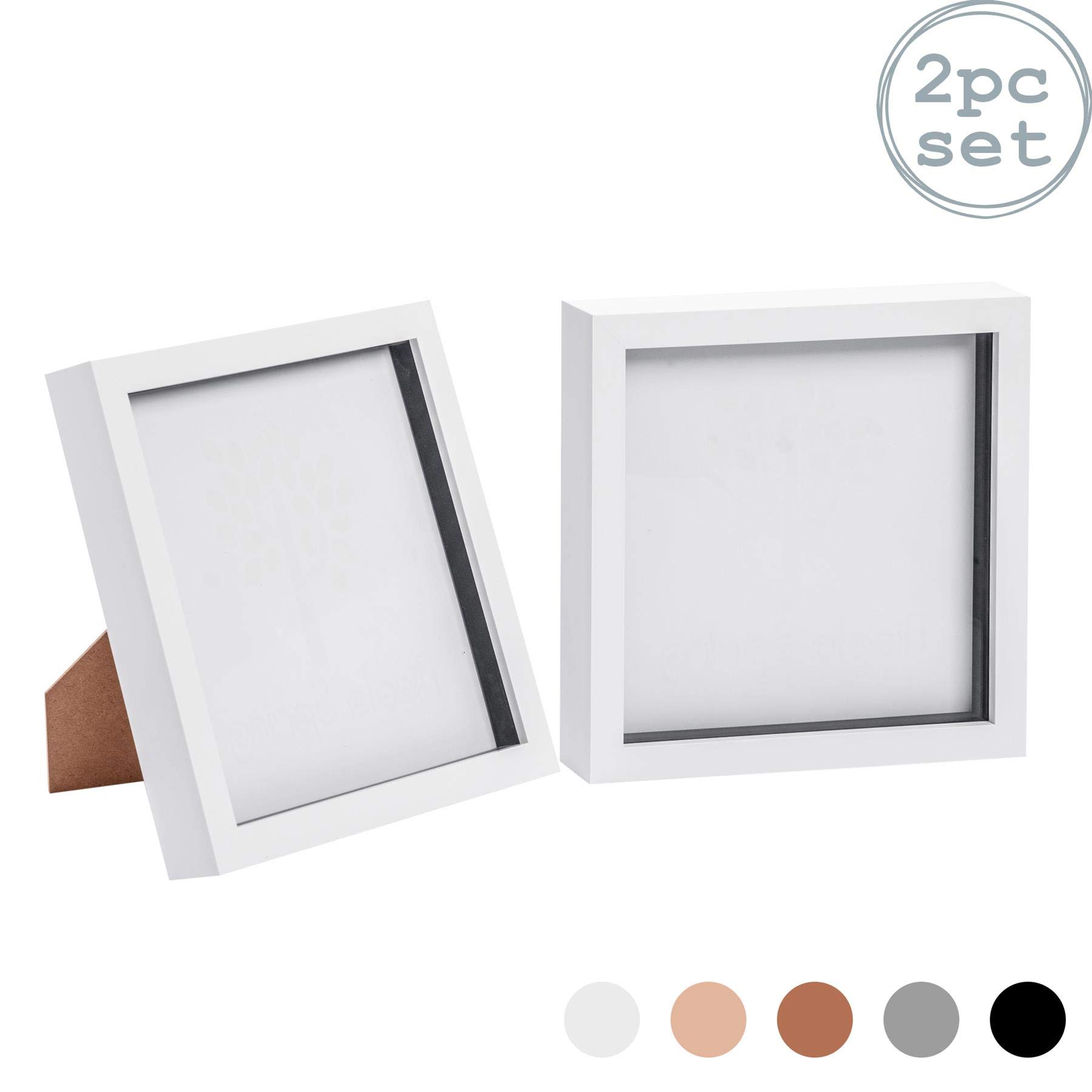 Nicola Spring 3D Shadow Box Photo Frames - 8 x 8 (20 x 20cm) - Pack of 2 - White 3D Photo Frame Box Picture Frame Square Display Case for Crafts, Keepsakes, Wedding, Graduation
