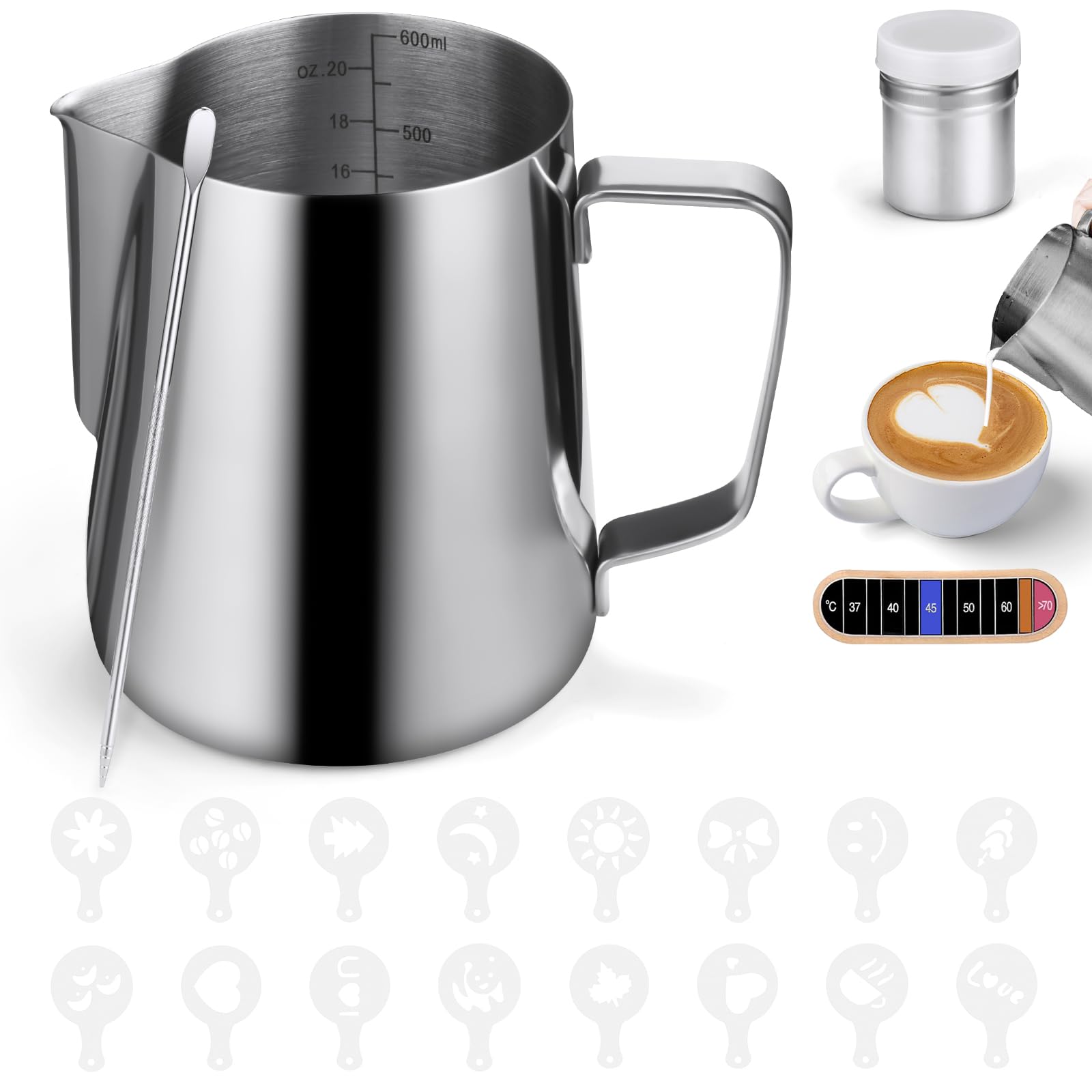 HOTUT Milk Frothing Pitcher, 600ml/20oz Stainless Steel Milk Jug for Coffee Machine, Frothing Jug with Decorating Pen, Coffee Stencils, Chocolate Shaker, for Making Latte Art and Cappuccino Coffee