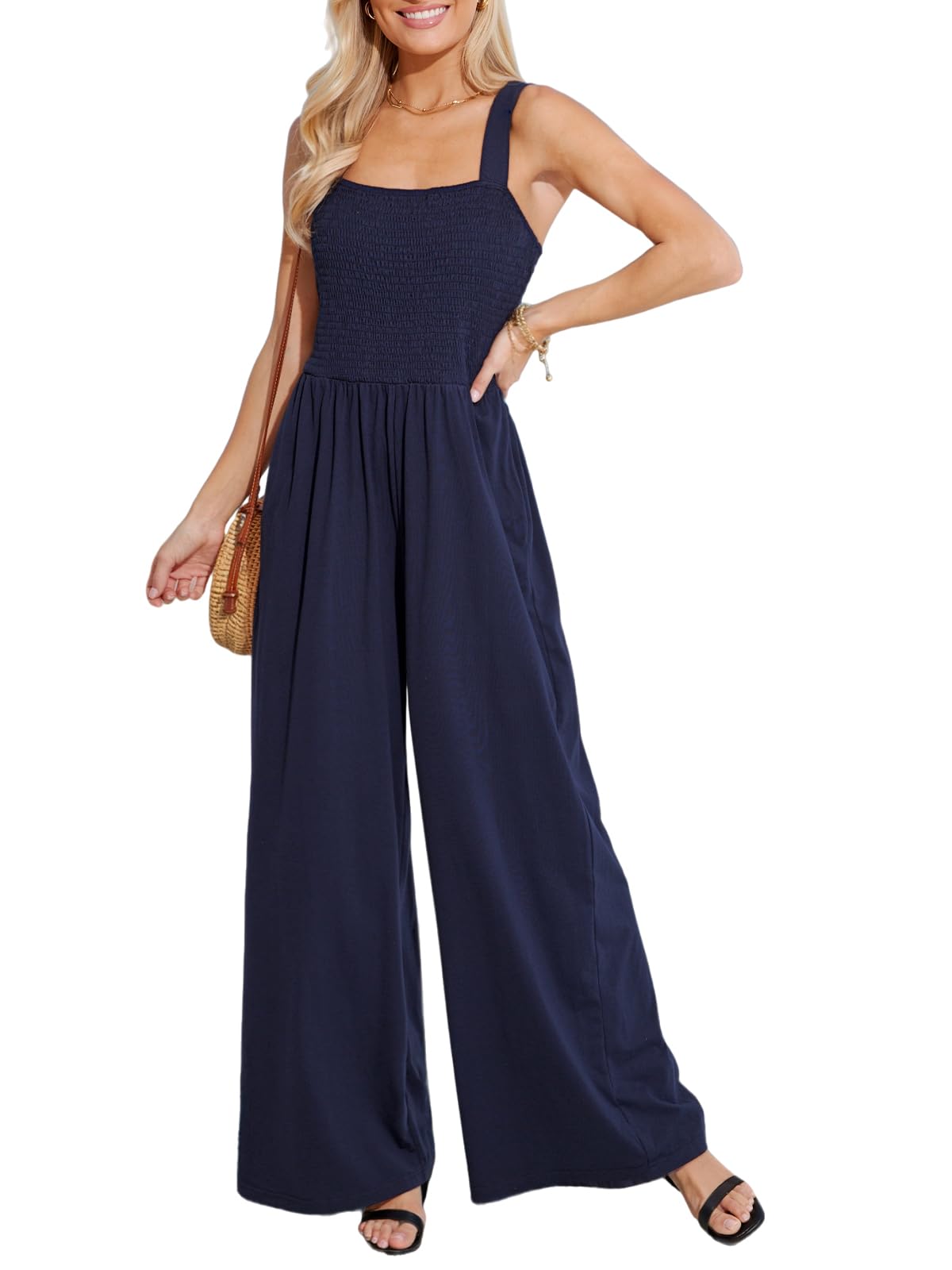 CUPSHE Combinaison d'été pour femme, col carré, sans manches, haut smocké, tenue longue et évasée, tenue décontractée