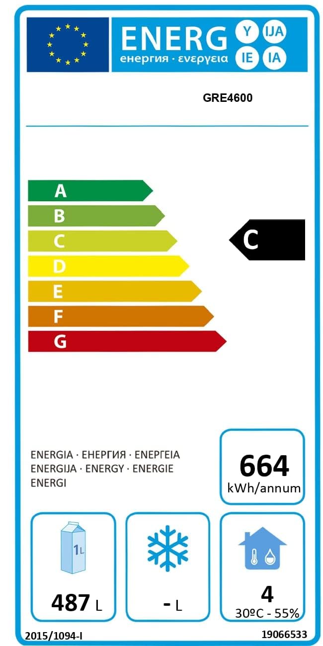 METRO Professional Frigorífico GRE 4600, inox, 5 estantes regulables, nevera con descongelación automática, 78 x 74 x 192,5 cm, 43 dB, 487 L, blanco