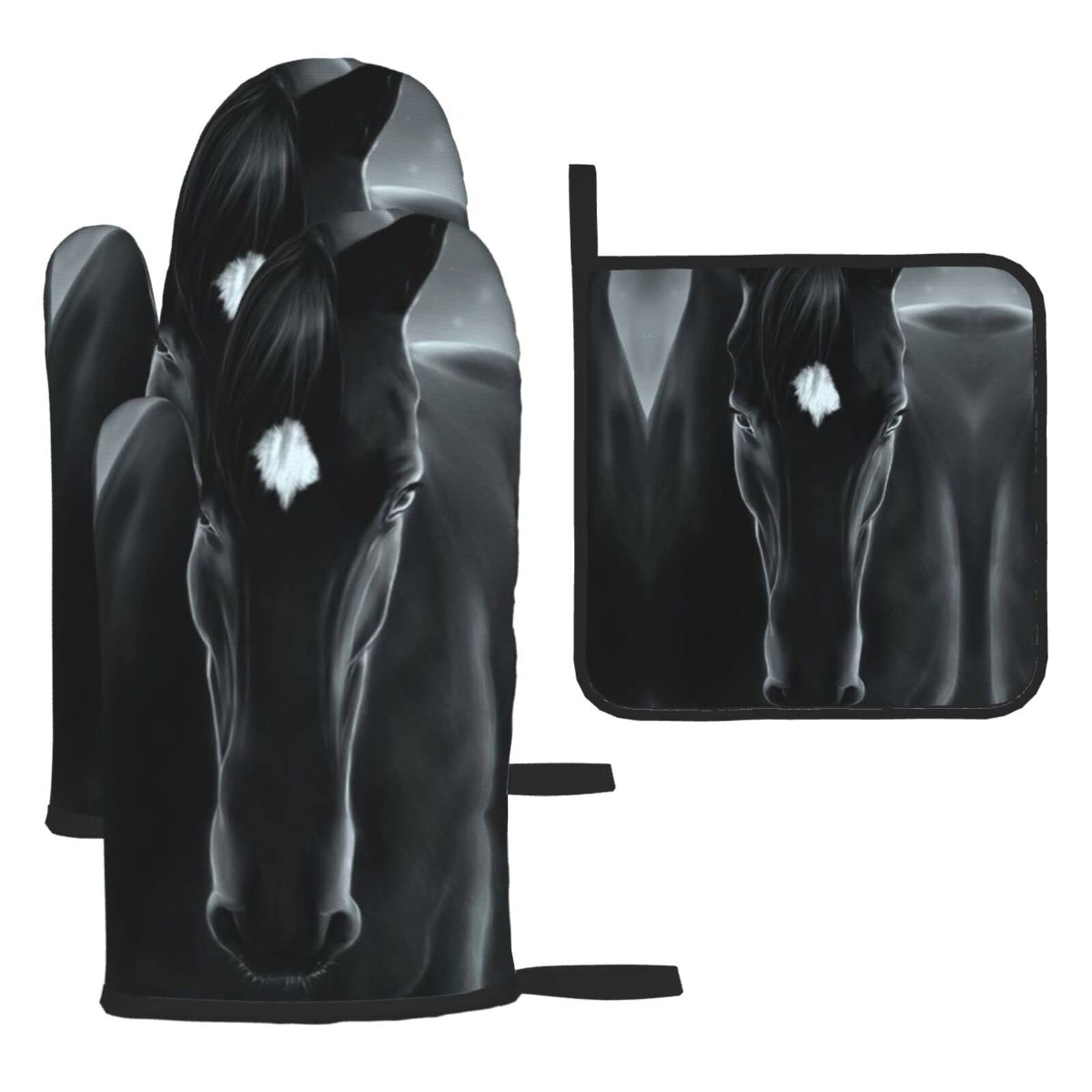 Horse Oven Mitts and Pot Holder Kitchen Set for Grilling, Cooking, Baking, Heat Resistant