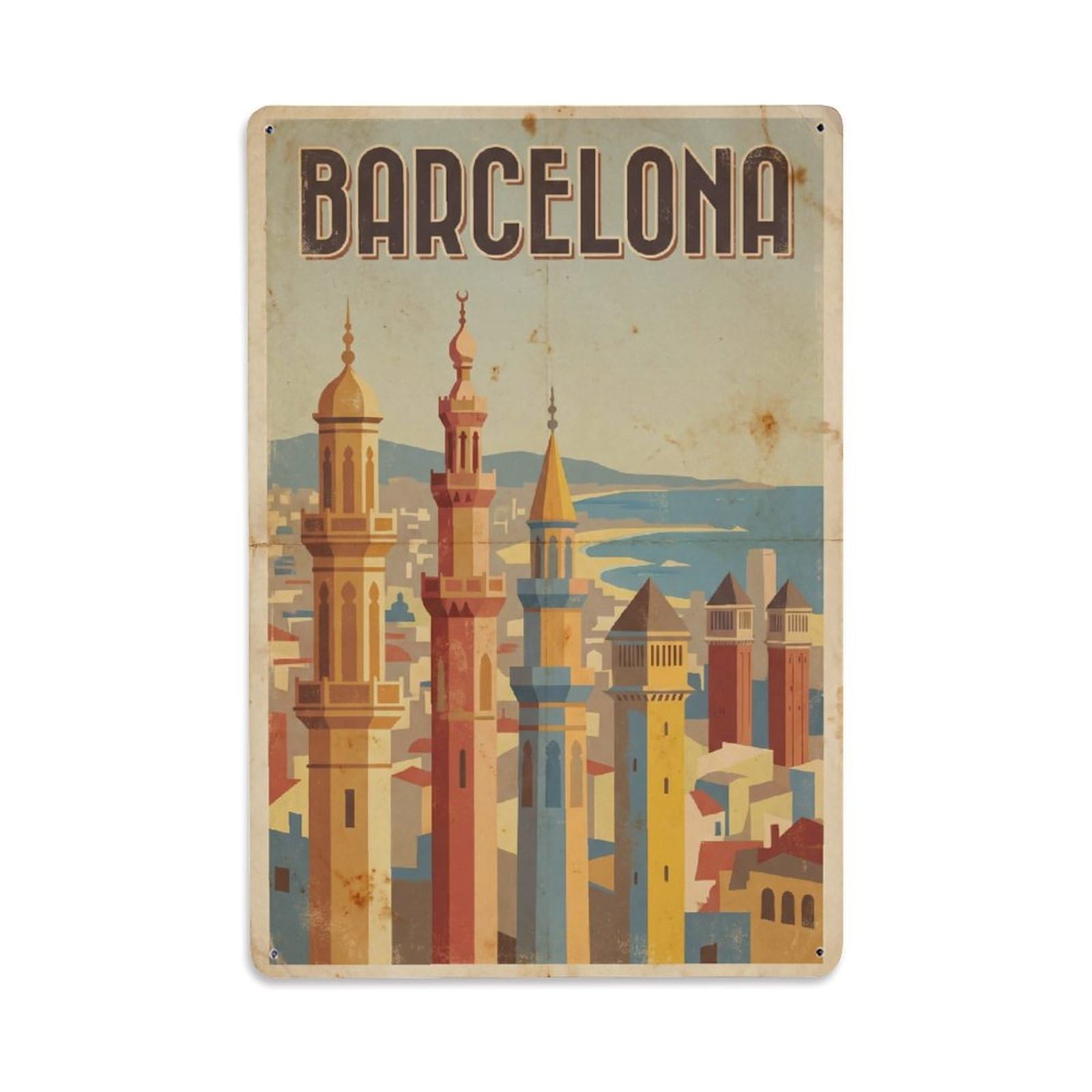 Okngb Style Barcelona Church Towers Mediterranean Retro Travel Metal Tin Sign Plaque Wall Decor For Cafe, Man Cave, Club Bar, Office, Home Garden Round Metal Poster 8X12inch