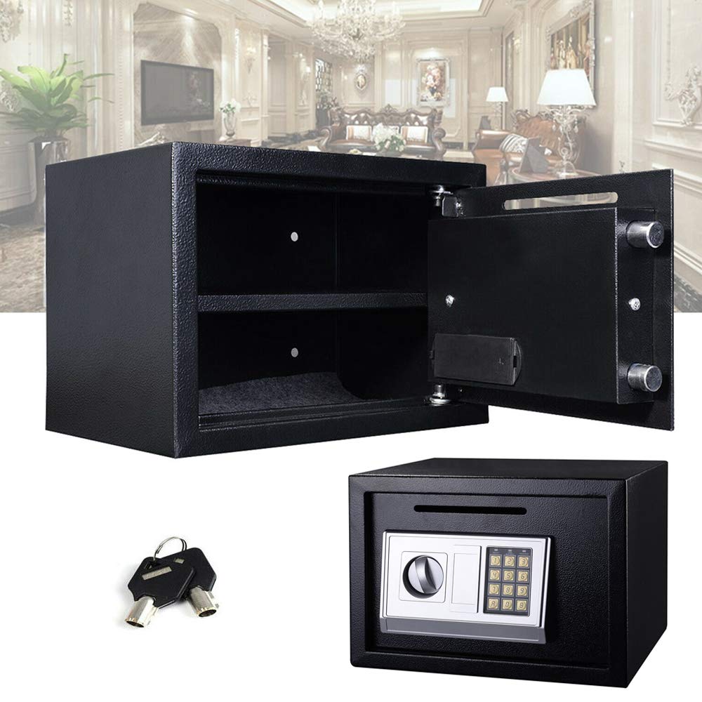 16L Electronic Digital Security Safe with Two Emergency Overide Keys and Digital Keypad, Front Loading coin Slot, Wall and Floor Fixings, Protect Cash, Money, Jewelry, 35x25x25cm (Black)