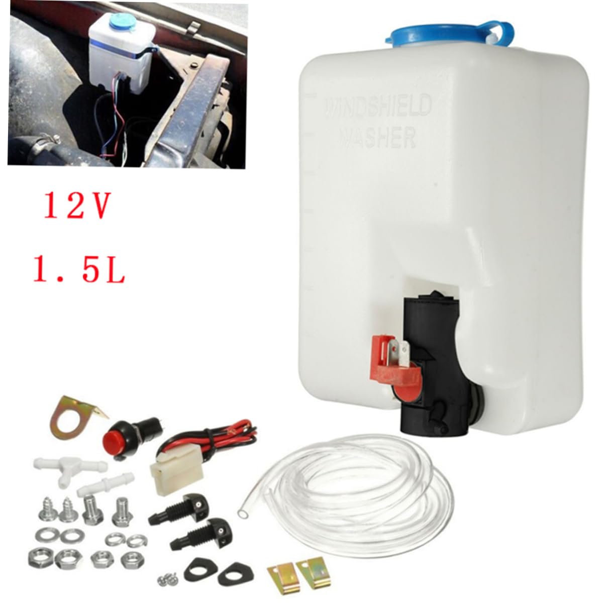 12v mit Wasserpumpe Scheibenwaschflüssigkeitsbehälter Satz 1,5l PC Kunststoff Metall Langlebig für Limousine und Lkw | Schwarz, für Suv und Anhänger, 1, 5m Schlauch mit Düsen und Befestigungszubehör