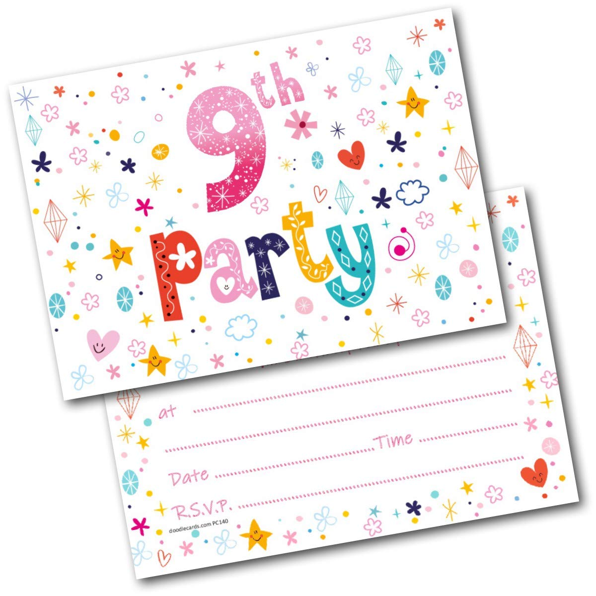 doodlecards 9th Birthday Party Invitations Age 9 Female Girls Childrens Pack of 20 Invites and Envelopes. Printed in UK, Premium Quality & 100% Recyclable.