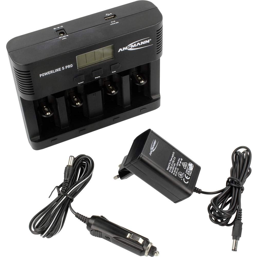 ANSMANN Cargador universal de baterías Powerline 5 PRO - Para 1-4 baterías AAA/AA C D y 9V - Estación de carga con puerto USB y multifunción