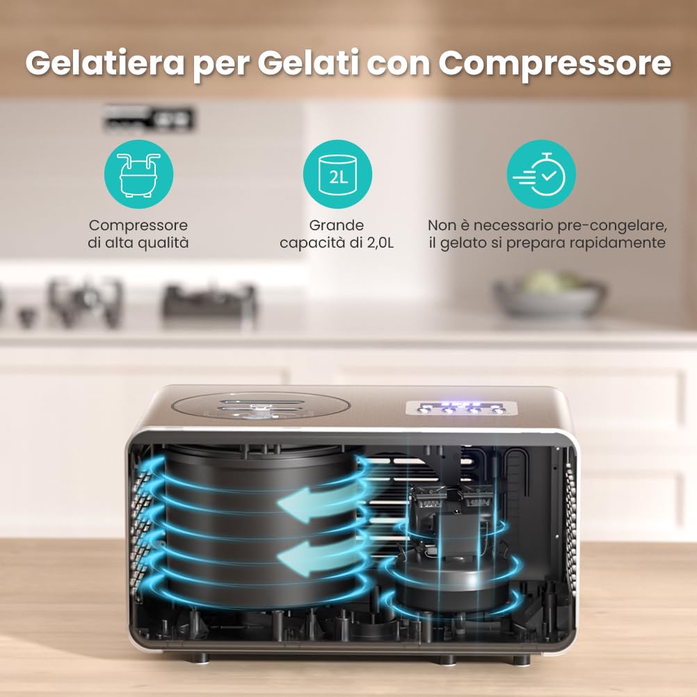 Gelatiera con Compressore 2L, Gelatiera per Gelato Elettrica Professionale in Acciaio Inox 150W, Autorefrigerante, con Ciotola Estraibile in Alluminio/Paletta per Gelato