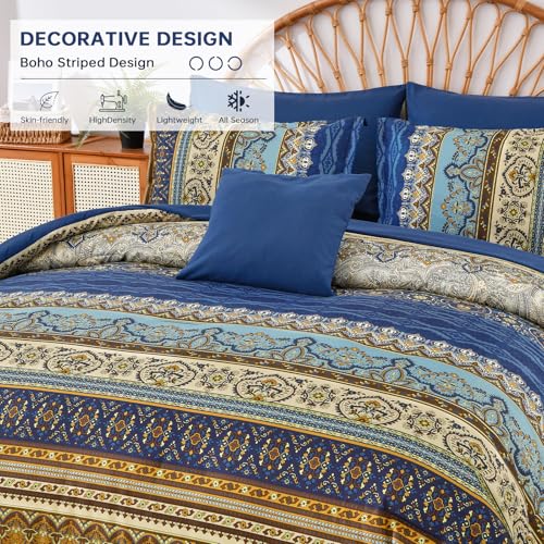 Image of Cottolester Boho Comforter Set Full Size 8 Pieces,Brown Blue Bohemian Comforter Paisley Striped Bed in A Bag,Soft Microfiber Bedding Set for All Season