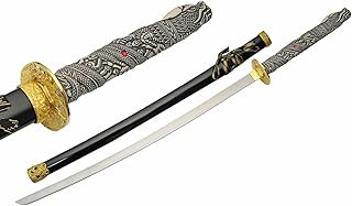 SZCO 42" Shining Dragon Samurai Sword – Handmade Highlander Japanese Katana with 1045 Carbon Steel Blade, Dragon Handle, Red Gem & Wood Scabbard – Collectible Japanese Sword for Display