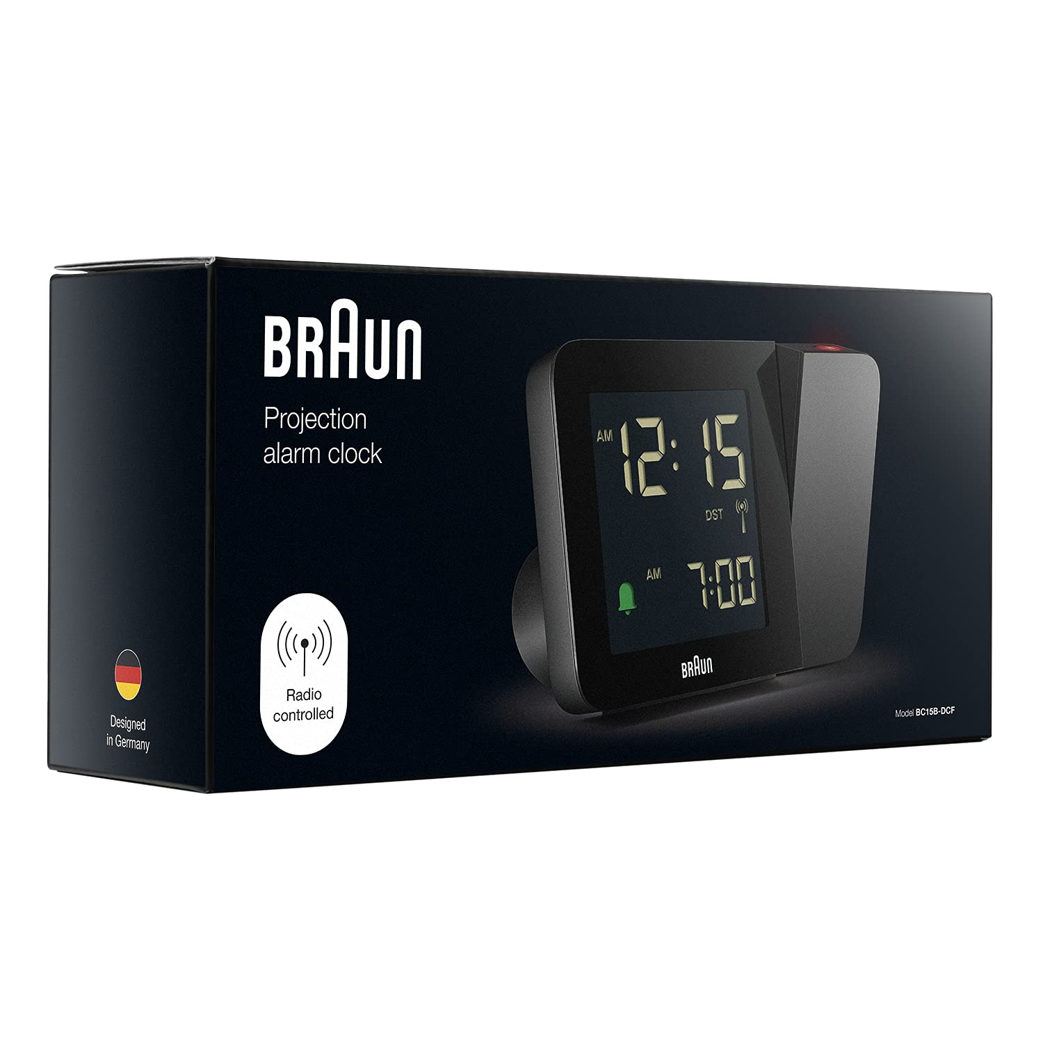 Braun Sveglia digitale proiezione, radiocontrollo per fuso orario dell'Europa centrale (DCF), con 4 opzioni di retroilluminazione, display LCD negativo, allarme acustico, nero, modello BC15B-DCF