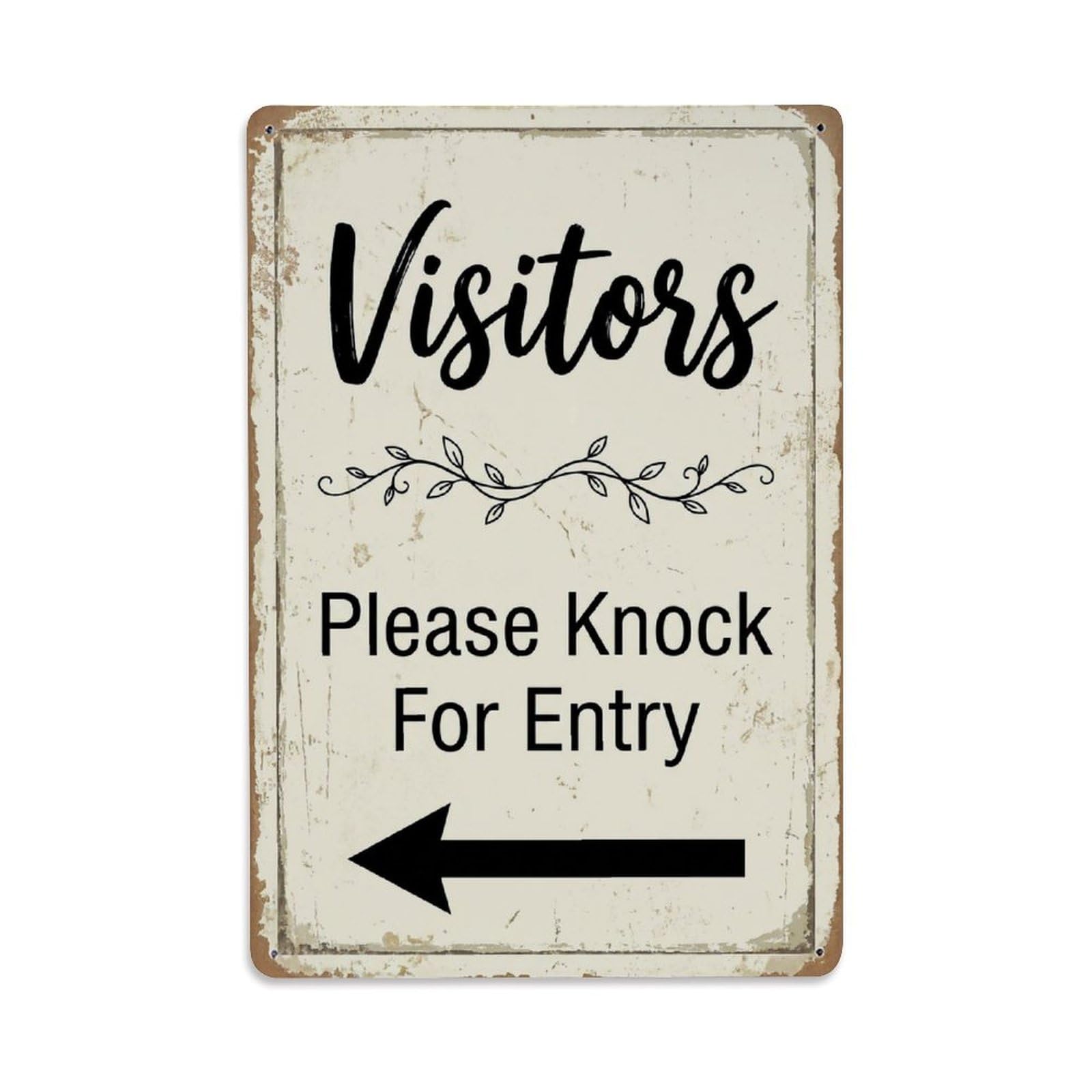 Vintage Visitors Please Knock For Entry Arrow Vine Metal Tin Sign