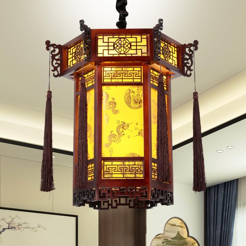 Solid Wood Hexagonal Lanterns - Chinese New Year Hanging Lanterns, Decorative Paper Lanterns for Home, Unique Indoor Lighting, Festive Chinese Decor