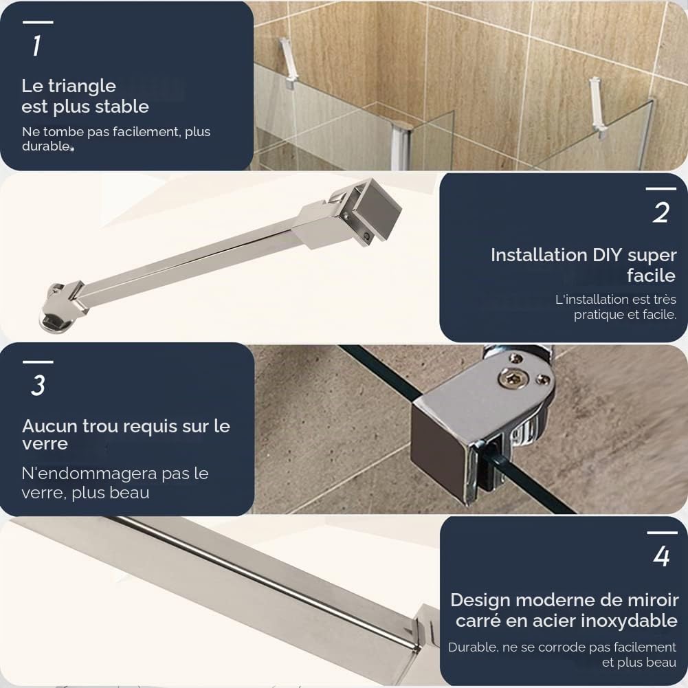 M-Home - Barre de renfort pour paroi de douche - Acier inoxydable, 60 cm, pour paroi en verre sans cadre de 6 à 10 mm d’épaisseur