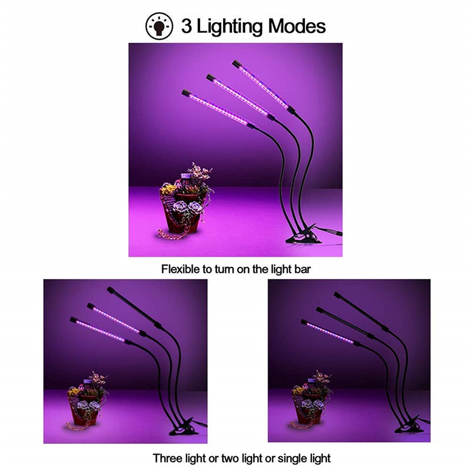 Lampes de culture d'intérieur, lumière de croissance pour plantes d'intérieur, lumière de plante à clip de bureau à 3 têtes à spectre complet 3 modes et réglage de la minuterie à intensité variable à