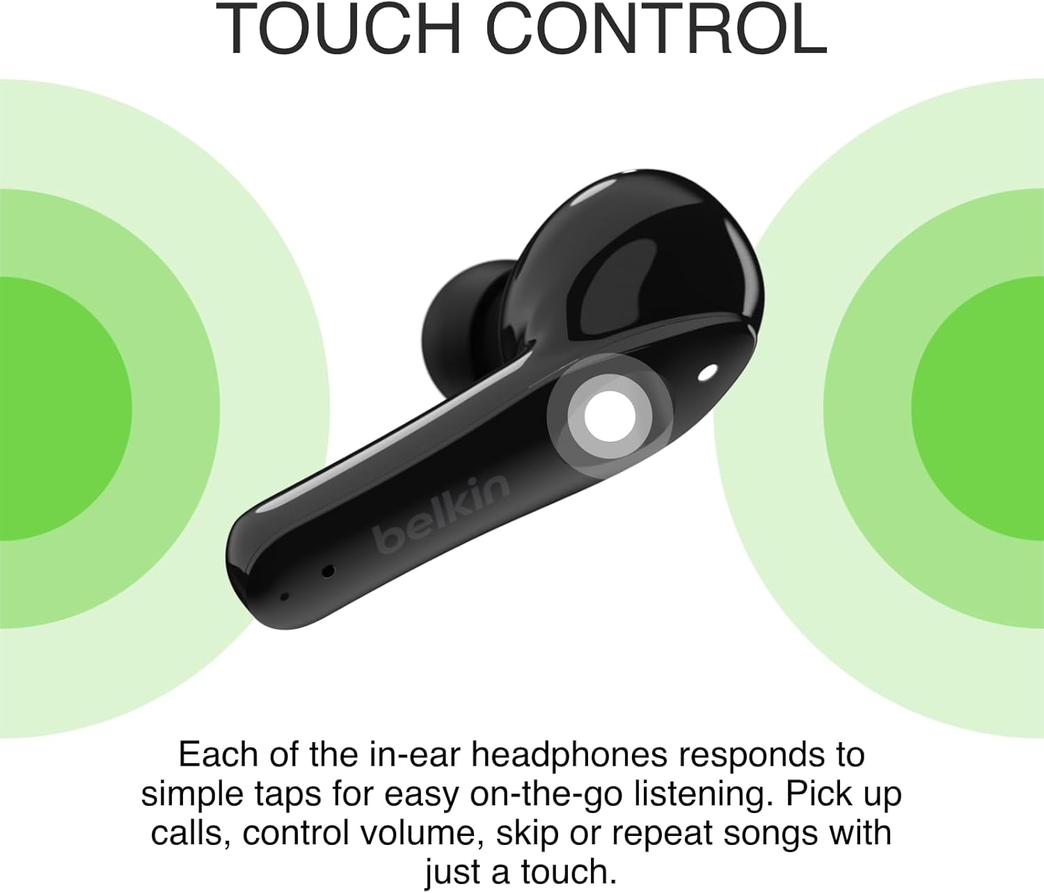 Belkin Wireless Earbuds, SOUNDFORM Move True Wireless Bluetooth Earphones with Touch Controls, IPX5 Certified, Sweat and Water Resistant with Deep Bass for iPhone, Galaxy, and More - Black