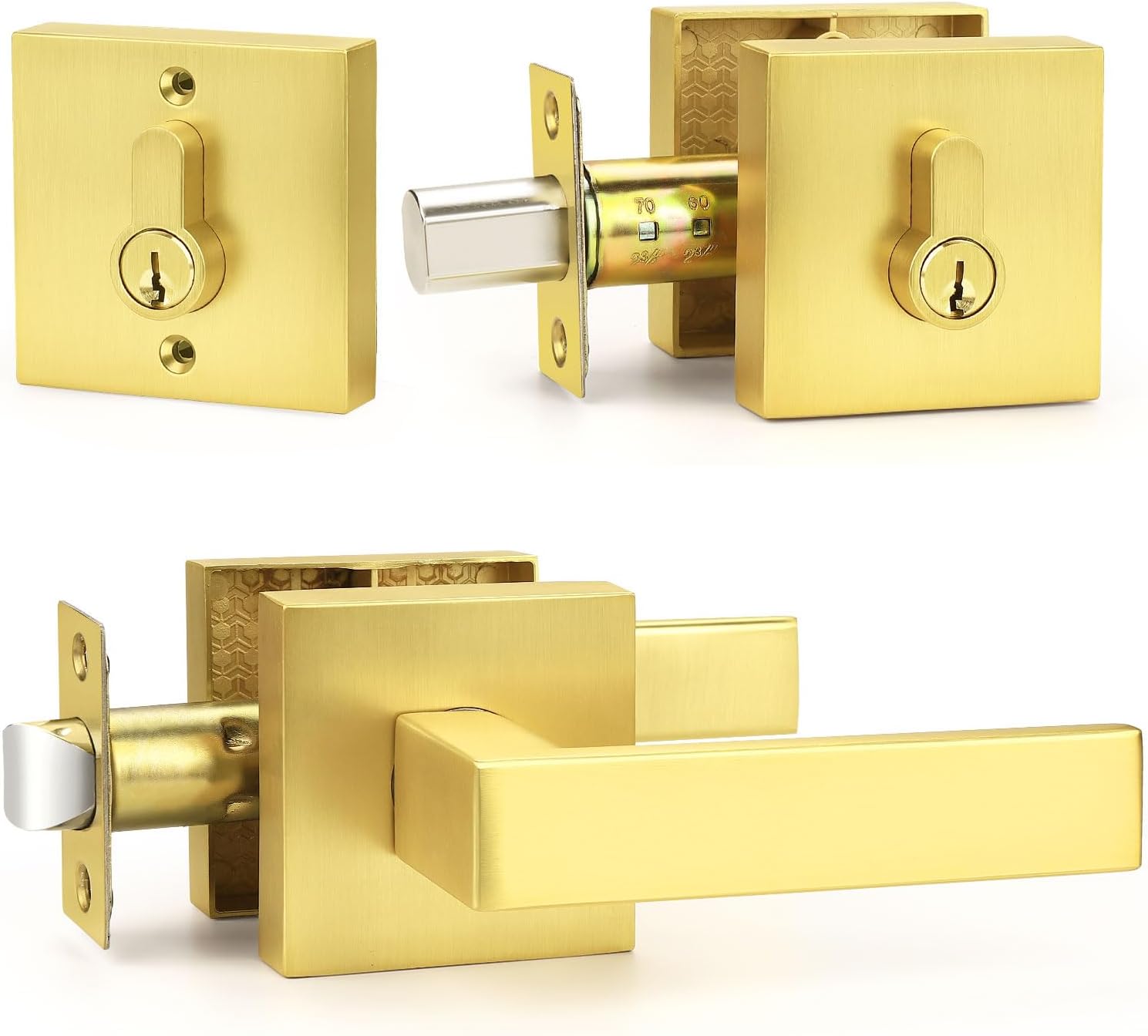- 1 Pack Gold Passage Door Handle Sets with Deadbolt, Brass Exterior Door Locksets Square and Double Cylinder Deadbolt, Keyed Alike Heavy Duty Front Door Handleset for Interior/Exterior Doors