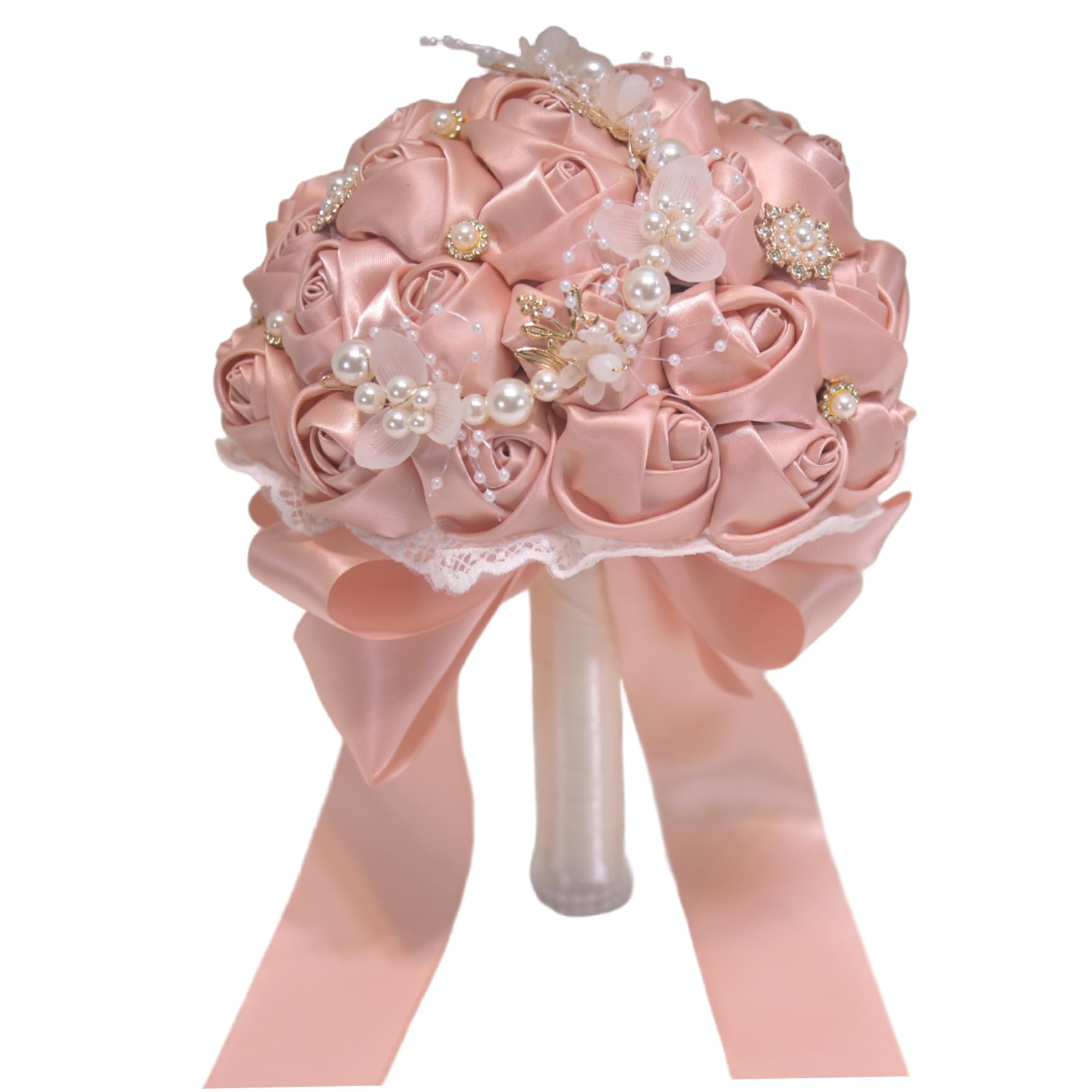 Xweptuy Wedding Bouquets for Bride/Bridesmaid Handheld Quinceanera/Bridal Bouquet with Pearl Bead & Jewelry 9x7 Lifelike Ribbon Artificial Flowers with Handle