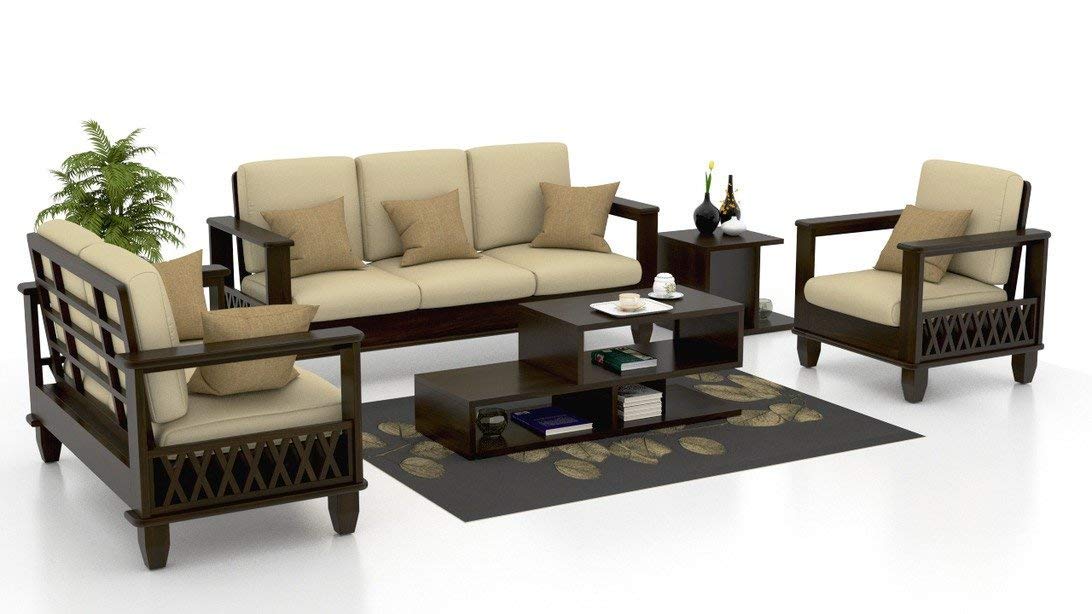REKHA ART AND CRAFT Solid Sheesham Wood Oak Finish 3+2+1, 6 Seater Sofa Set for Living Room with Cream Cushion