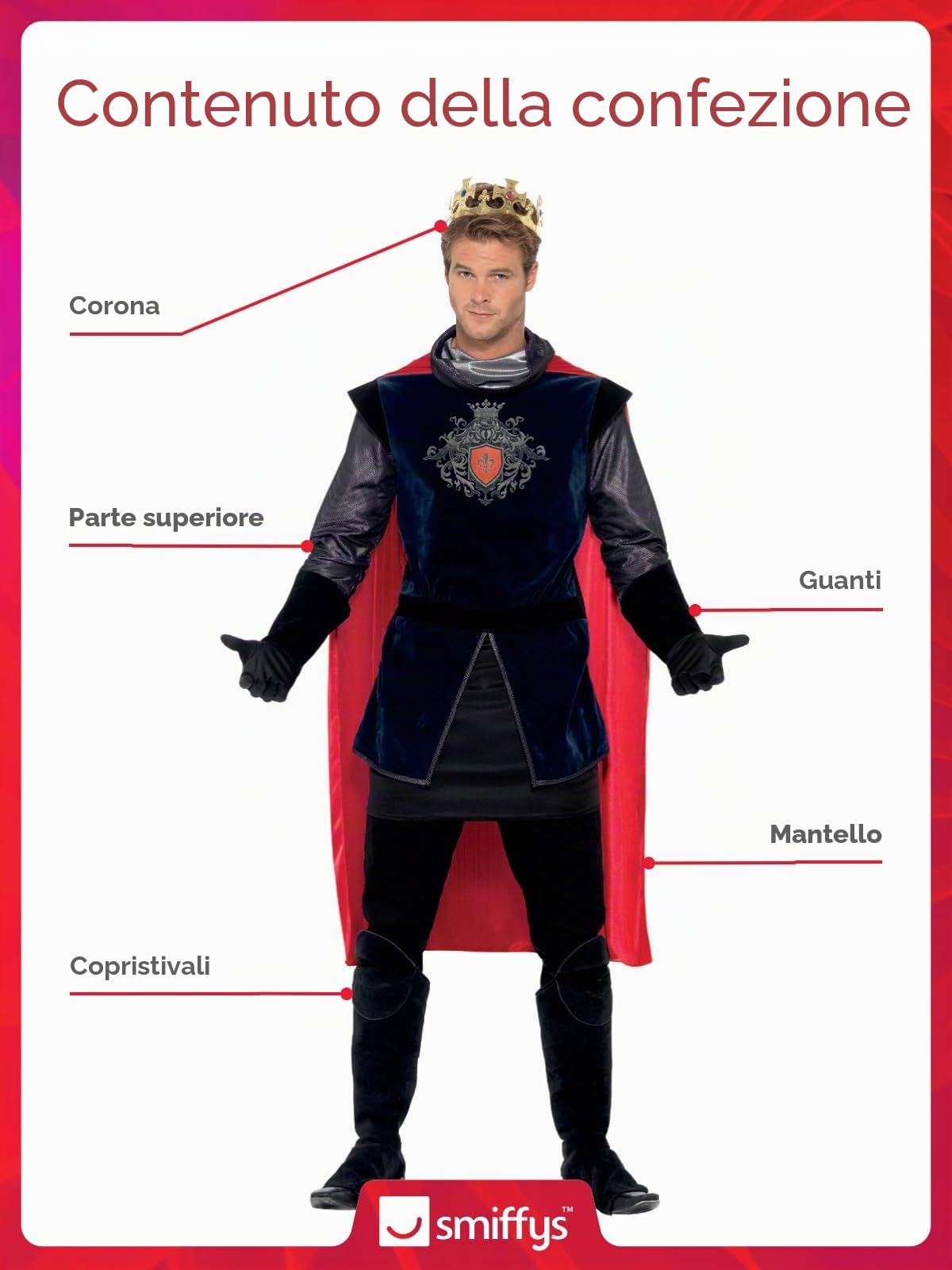 SMIFFYS Costume Re Artù deluxe, Nero, con top, mantello, guanti, copristivali e corona Halloween