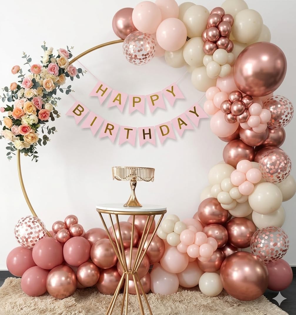 56 Pcs Happy Birthday Balloon Garland Kit - Dusty Pink (Retro Ivory White and Rose Gold) Premium Decoration Set for Men & Women Birthday Celebration, PARTY DECORATIONS