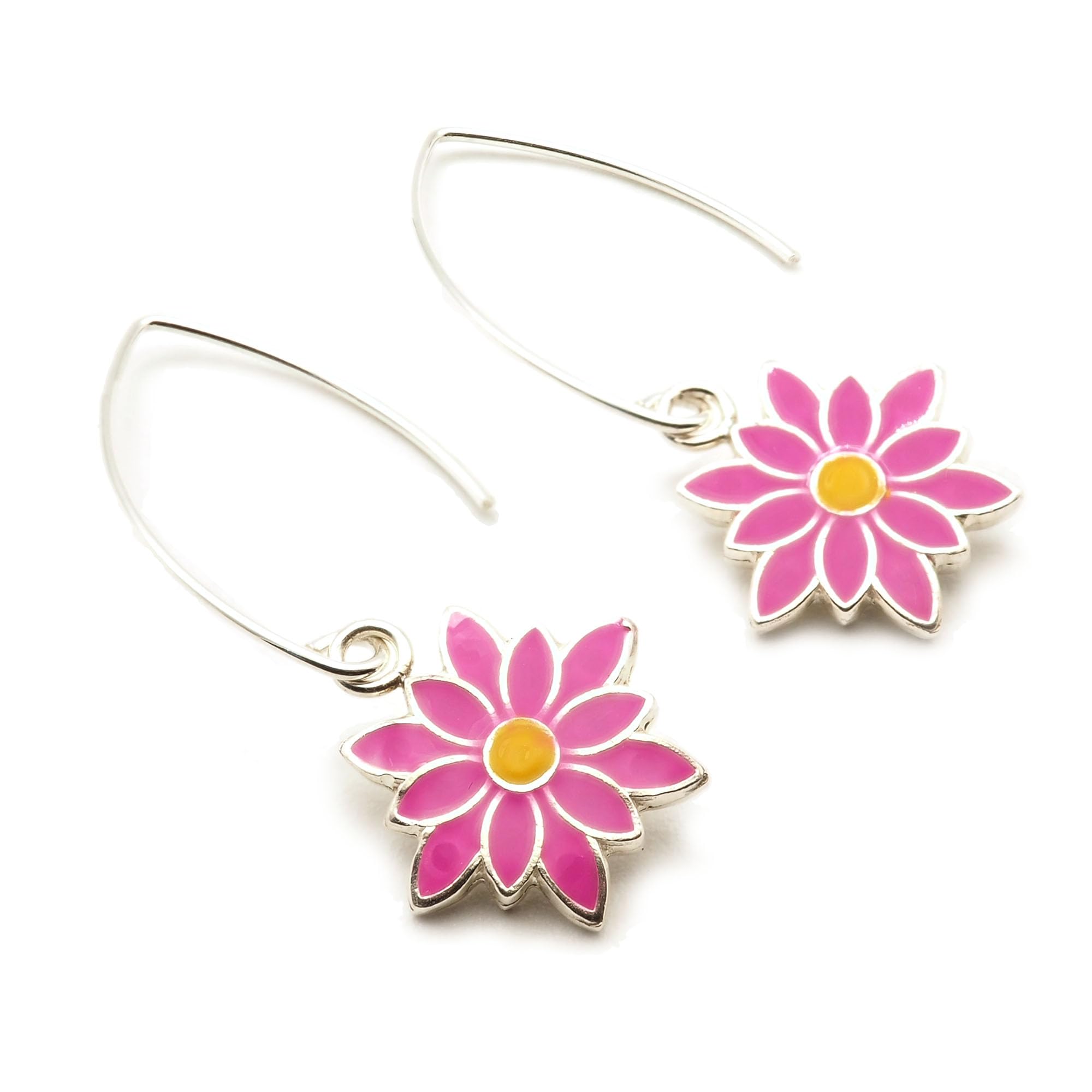 Pendientes Flor de Dalia en Plata 925 Esmaltada Magenta y Amarillo