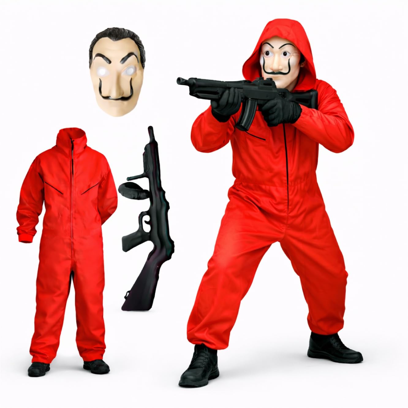 3 Piece Money House Costume with Dali Mask, Inflatable Rifle Costume, One Size, Red, Adult Unisex Carnival and Halloween