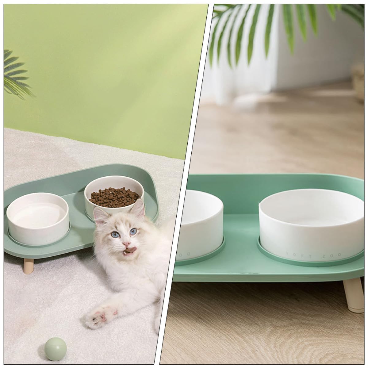 iplusmile Gamelle Double pour Chat en Céramique et Plastique, 1pc, Vert, Imperméable à L’Eau, Protège Cervicales, Bol pour Animaux à Pieds Hauts