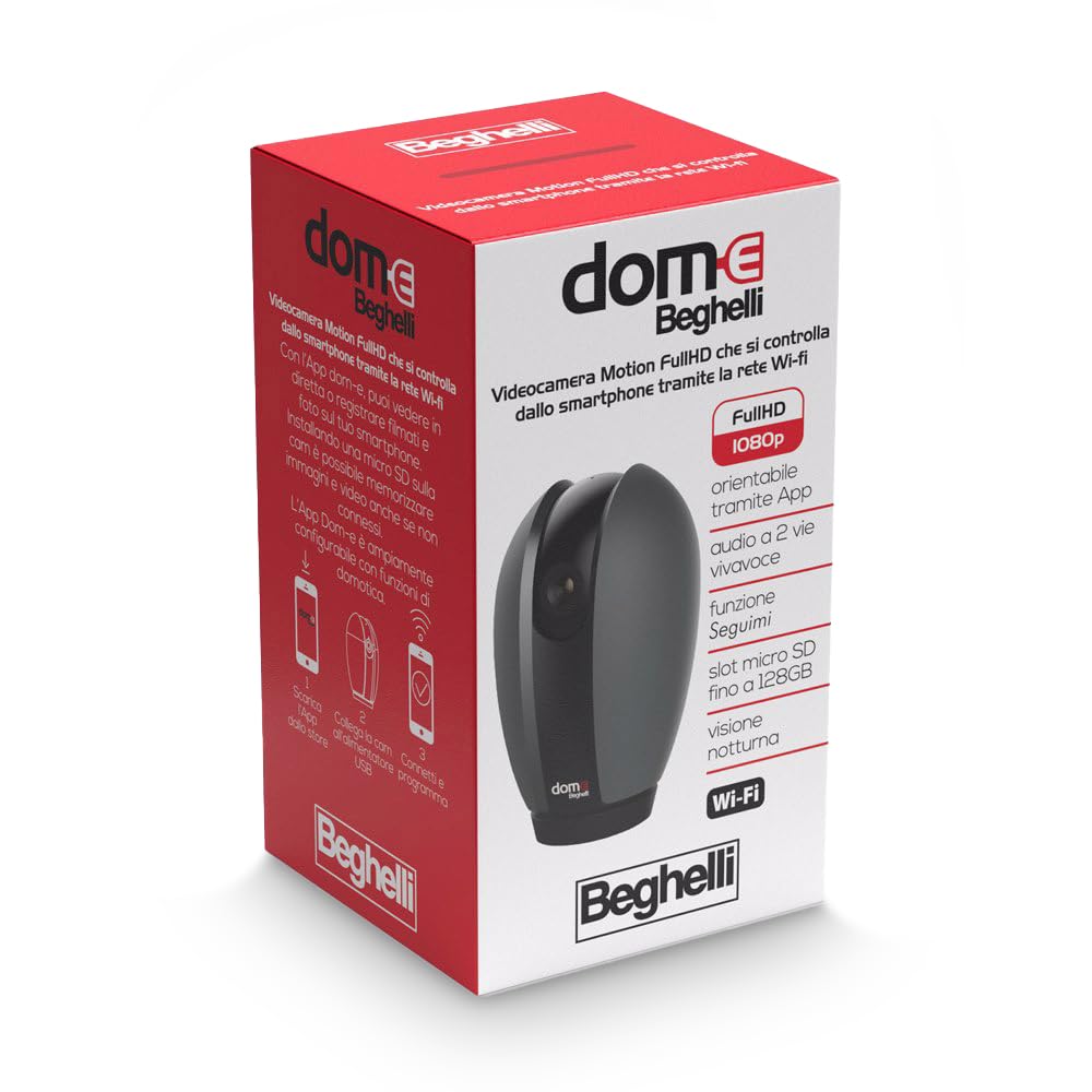 Beghelli - Telecamera Wifi Dom-e, Orientabile tramite App, Videocamera Sorveglianza Full HD, Sensore Movimento, Audio, Visione Notturna 10m, Rotazione 355° 85°, 1 Unità