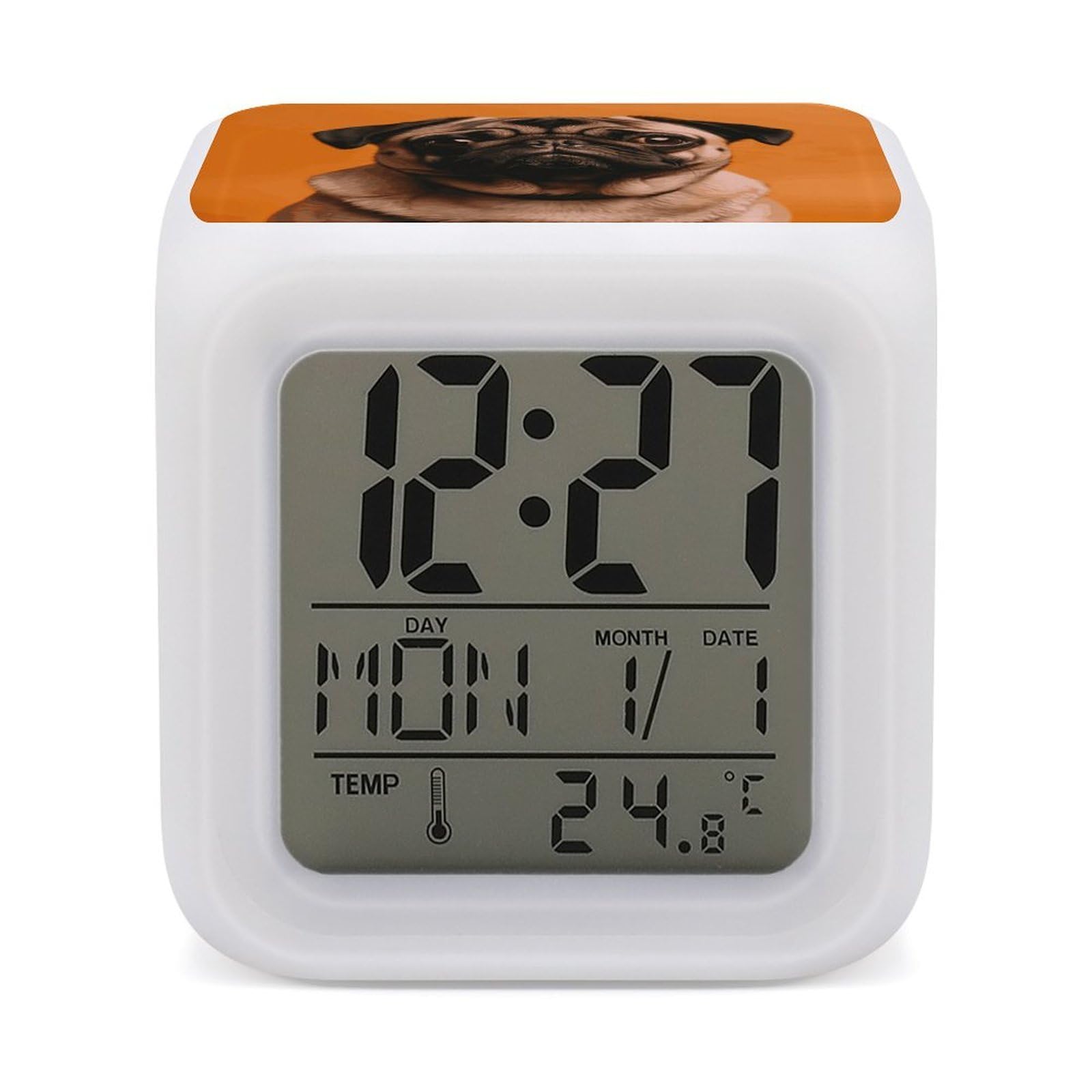 VstaDank A Pug Alarm Clock with 7 Color Changing Night Light Date Temp Display Wake Clocks LED Display Digital Clock Electric Desk Clocks for Living Office Bedroom Decor