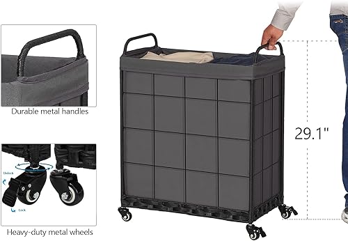 Miniatura 3 de Cesta para la ropa sucia con bolsa dividida cesta plegable para la ropa sucia con ruedas con cerradura cesta de ropa con mango de metal clasificador