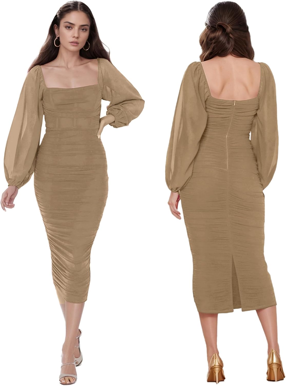 MllesReve Women Long Puffy Sleeve Midi Wedding Guest Dress Ruched Bodycon Tea Length Cocktail Party Dresses Graduation Gown