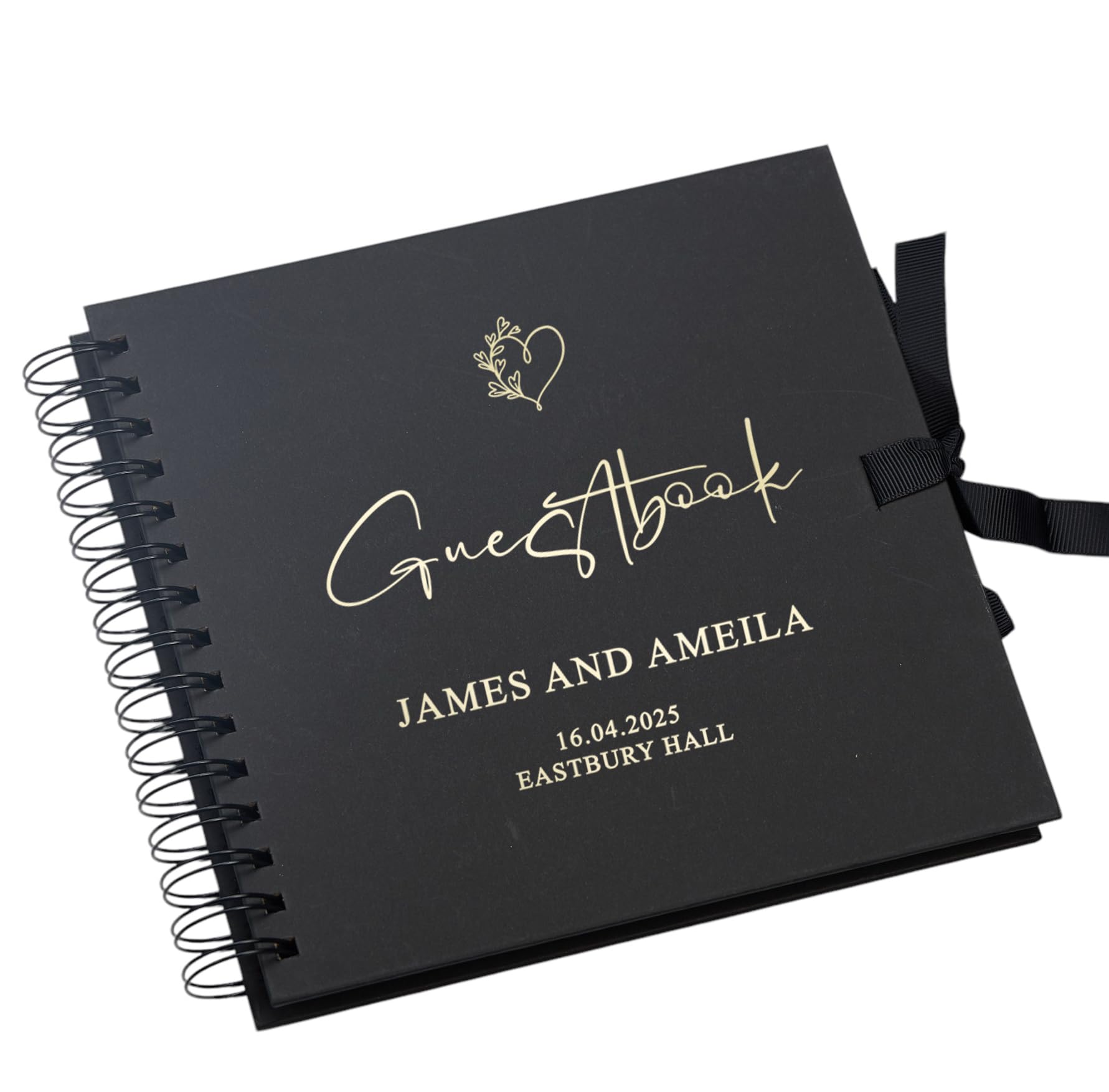 Personalised Wedding Guestbook with Delicate Heart Foil Design, 20.3 x 20.3 cm, Spiral Binding, Multiple Colours (Black)