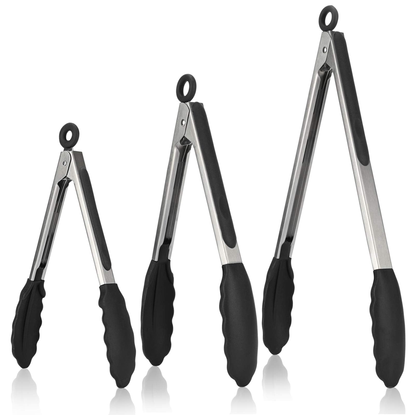 315℃ Heat Resistant Kitchen Tongs: 18/8 Stainless Steel Cooking Tongs Set of 3, with Non-Stick BPA-Free Silicone Tips, for Food Grill, Salad, BBQ, Frying, Serving, 18/23/30 cm (Black)
