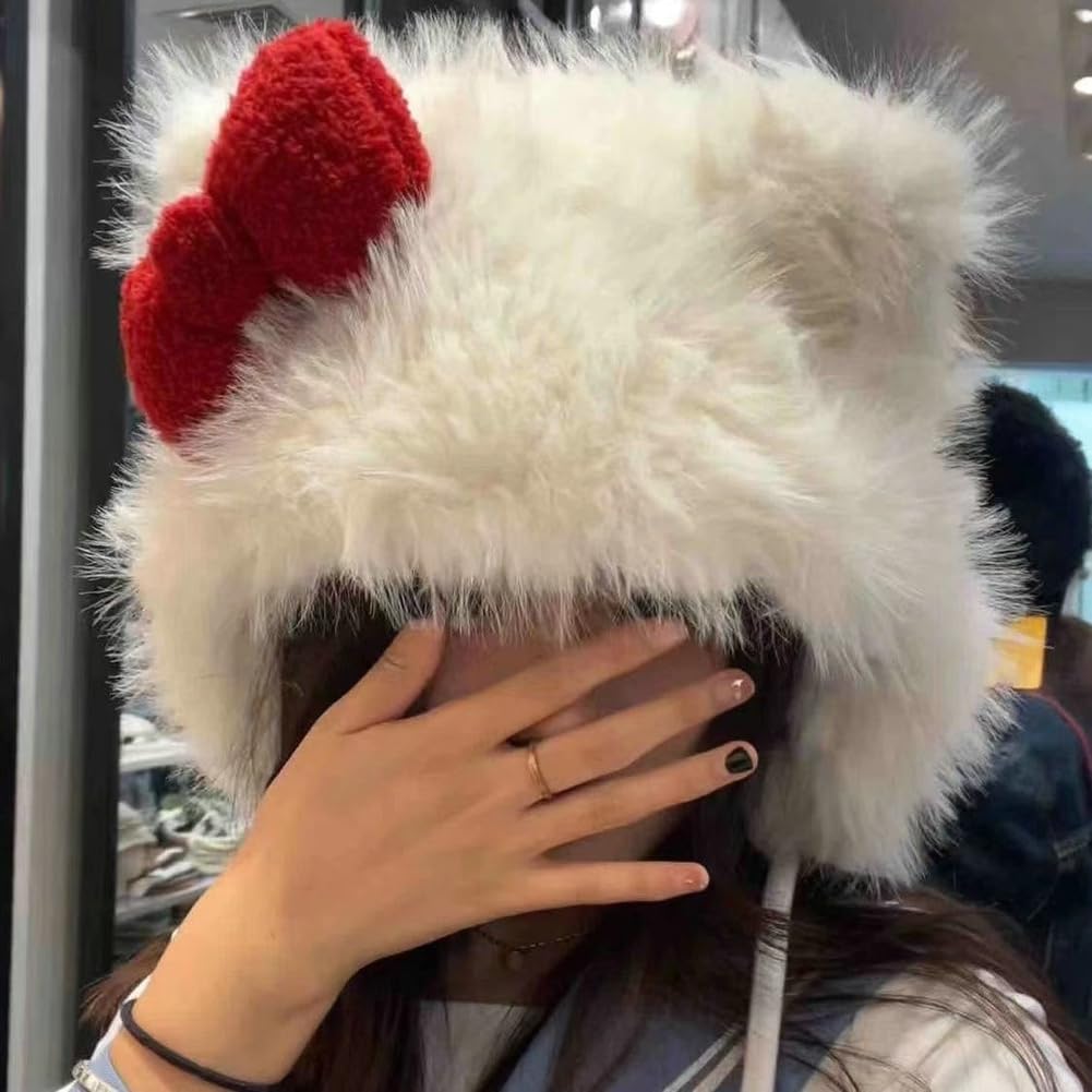 Cute Plush Hat White Cat Ear Bowknot Hat for Women Cartoon Winter Thickened Anti-Freezing Faux Fur Hats with Pom Earflap - Image 5