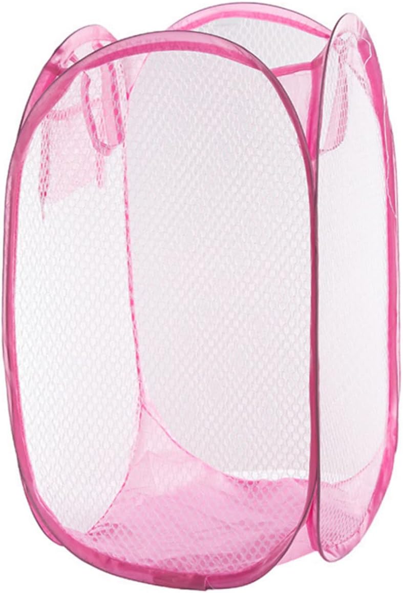 VICASKY Foldable Pop Up Laundry Hamper Basket for College Dorm Pink Breathable Mesh Clothes Storage with Side Pocket and Handles Easy Open Collapsible Laundry Basket for Small Apartments