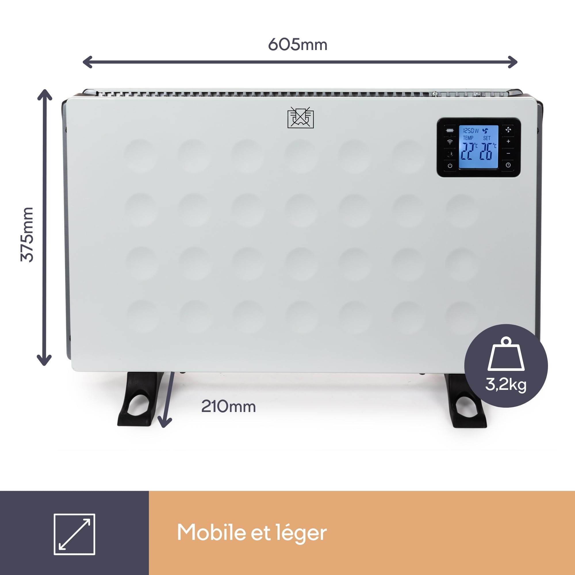 Perel Chauffage convecteur intelligent 2000W, 3 niveaux de chaleur, thermostat, IP20, protection surchauffe, portable avec télécommande et Tuya app, pour pièces jusqu’à 60 m³
