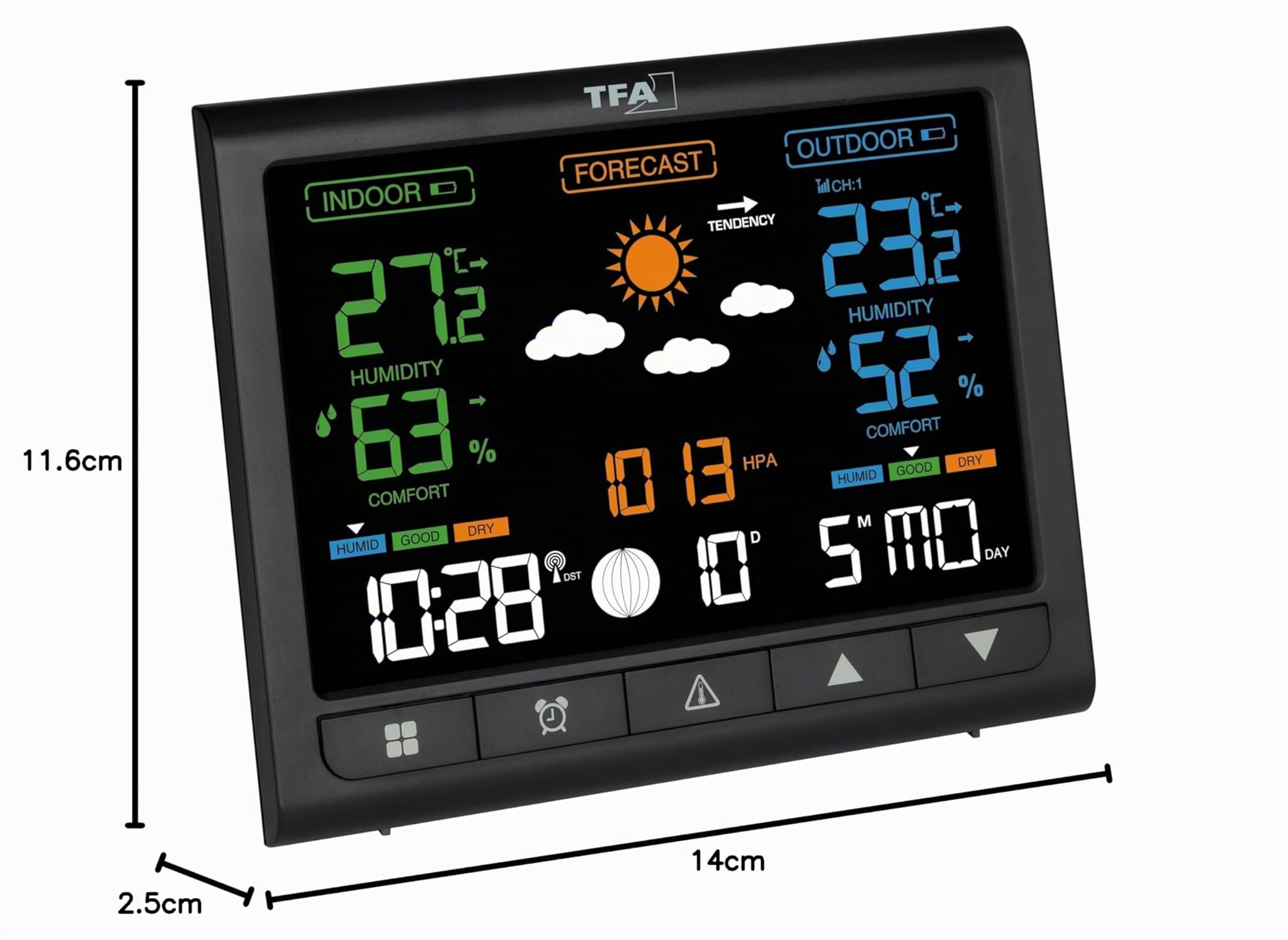 TFA Dostmann stazione meteo con sensore esterno con display VA Contrast, 35.1171, termometro e igrometro per interni/esterni, previsioni meteo, allarme temperatura, orologio, nero