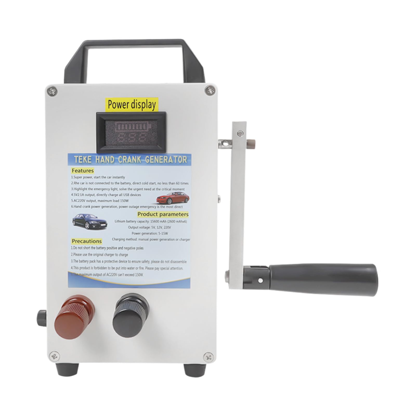 Emergency Hand Generator Portable Power Station with Folding Handle and Charging Manual Dynamo Generator Overload Protection LED Emergency