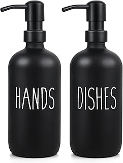 Soap Dispenser, 16OZ Hand Soap Dispenser and Dish Soap Dispenser, 2 Pack Glass Soap Dispenser with Stainless Steel Pump, Modern Kitchen Soap Dispenser Set, Matte Black Soap Dispenser for Kitchen Decor