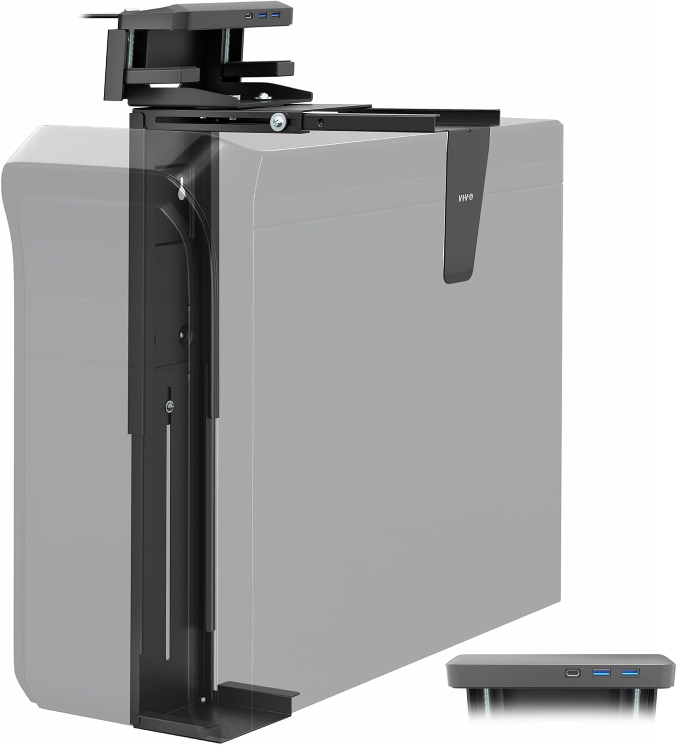 VIVO Adjustable Clamp-On Desk and Wall Installation Gaming PC Mount, USB Ports, Large Computer Case CPU Holder with Swivel Action and Secure Locking, Holds 44 lbs, Black, MOUNT-PCC2L