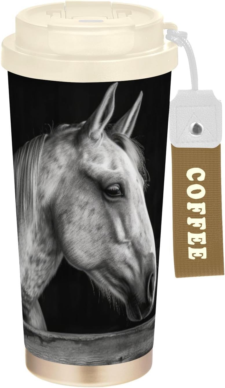 Portrait Horse Black White Insulated Coffee Mug with Straw & Flip Lid, 16.9oz Iced Tumbler Cup, Double Wall Vacuum Mug for Travel Office